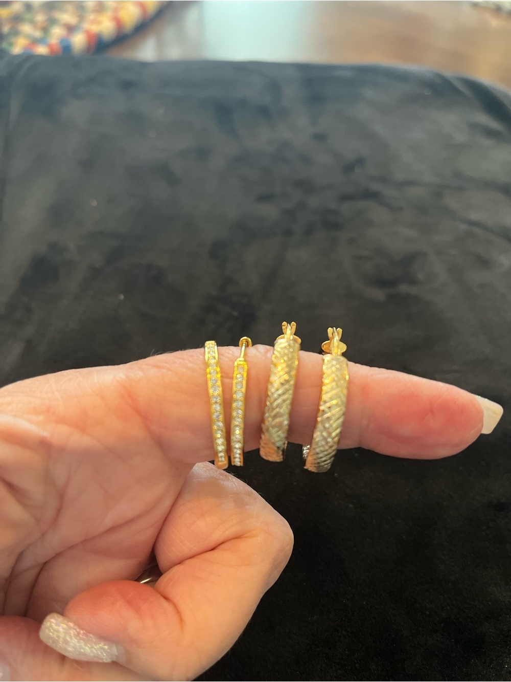 Gold Tone Hoop Earrings with Pavé Detailing - Picture 2 of 3